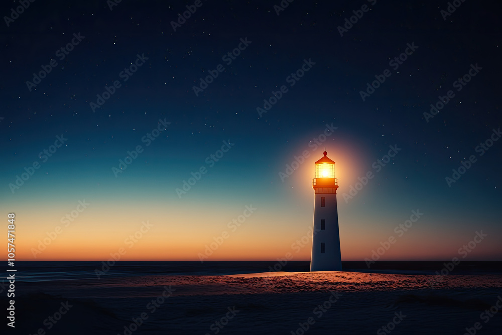 Lighthouse illuminated at dusk with a stunning gradient sky and calm ocean. Lighthouse illuminated at dusk with a stunning gradient sky and calm ocean.