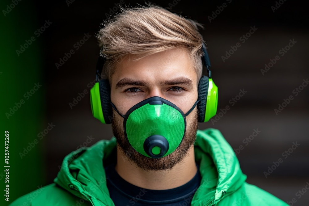 Worker wearing a respirator mask while handling chemicals in a lab, capturing the attention to respiratory protection in hazardous environments, symbolizing health and protection Worker wearing a respirator mask while handling chemicals in a lab, capturing the attention to respiratory protection in hazardous environments, symbolizing health and protection