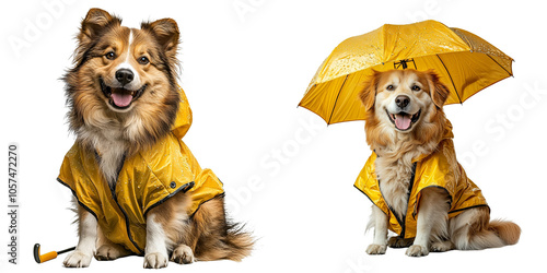 A dog in a raincoat with an umbrella isolated on white and transparent background