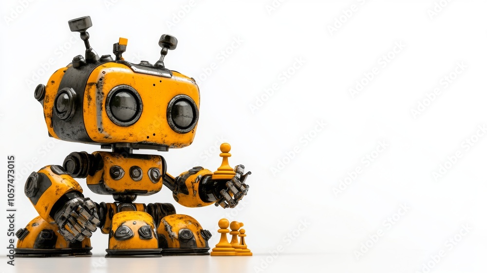 Fototapeta premium Yellow Robot Playing Chess Artificial Intelligence Strategy and Game Concept