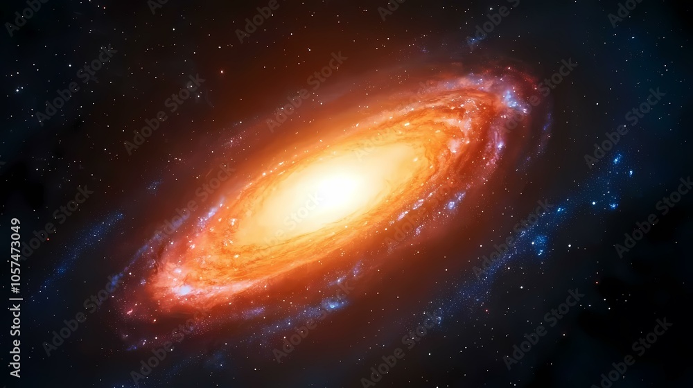 The image shows a vast expanse of space with a swirling orange and red galaxy in the center, surrounded by a myriad of twinkling stars. The image shows a vast expanse of space with a swirling orange and red galaxy in the center, surrounded by a myriad of twinkling stars.