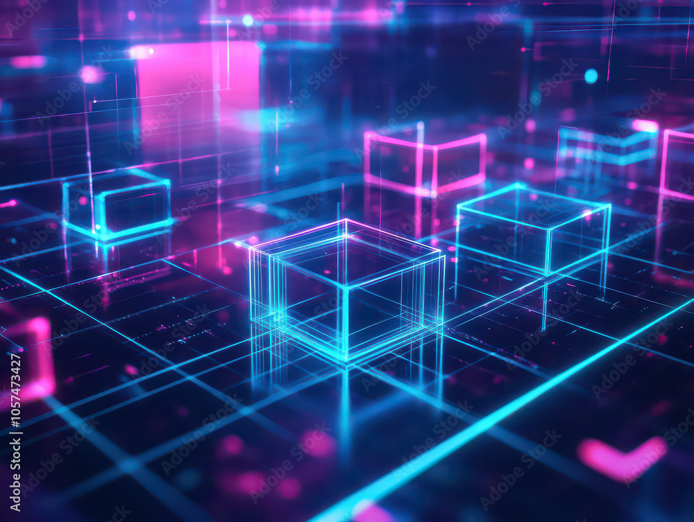 Abstract neon geometric shapes in a digital space. Abstract neon geometric shapes in a digital space.