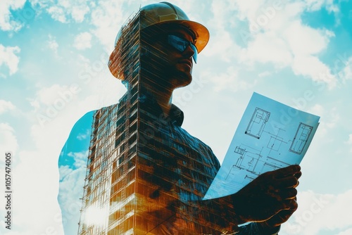 double exposure of engineer with safety helmet