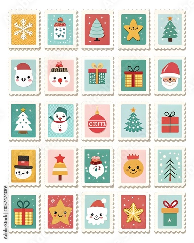 Stamps with Christmas Symbols Santa Claus and Snowman and Christmas tree