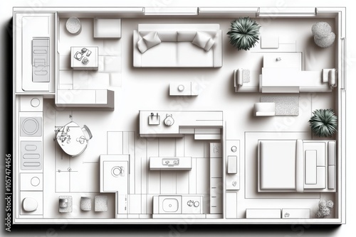 2D illustration of a simple blueprint on a white background, showing the layout of a modern kitchen with clean lines and labeled sections, symbolizing simplicity and clarity