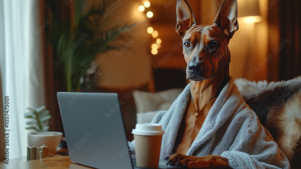 Naklejka premium Dog using computer. Doberman working on laptop at home office, businessman dog in bathrobe drinking coffee, nature study room background