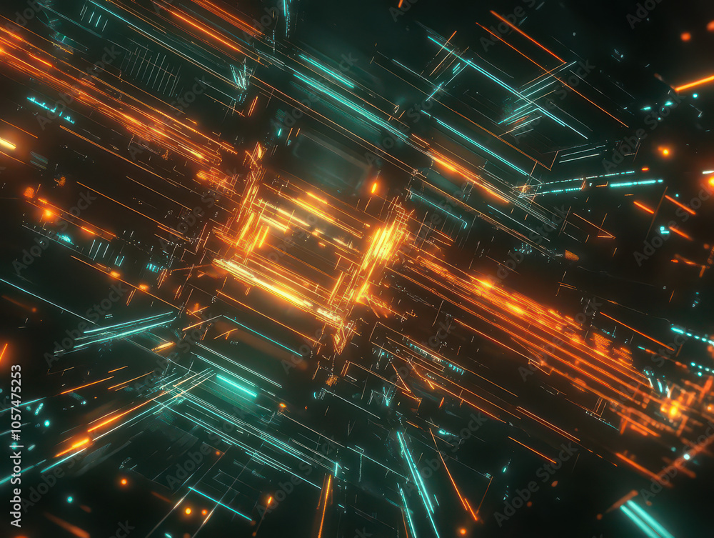 Abstract digital art with glowing lines in orange and teal, creating a futuristic and dynamic composition. Abstract digital art with glowing lines in orange and teal, creating a futuristic and dynamic composition.