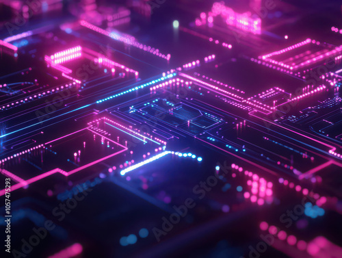 Abstract digital circuitry with glowing pink and blue lines and dots.