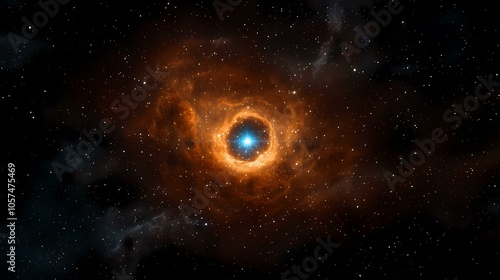 The image shows a bright blue star surrounded by a ring of orange gas and dust, set against a backdrop of a dark, starry sky.