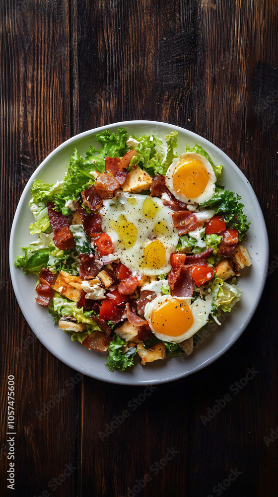 Caesar salad with fried eggs and crispy bacon, freshly served on a rustic wooden table Caesar salad with fried eggs and crispy bacon, freshly served on a rustic wooden table