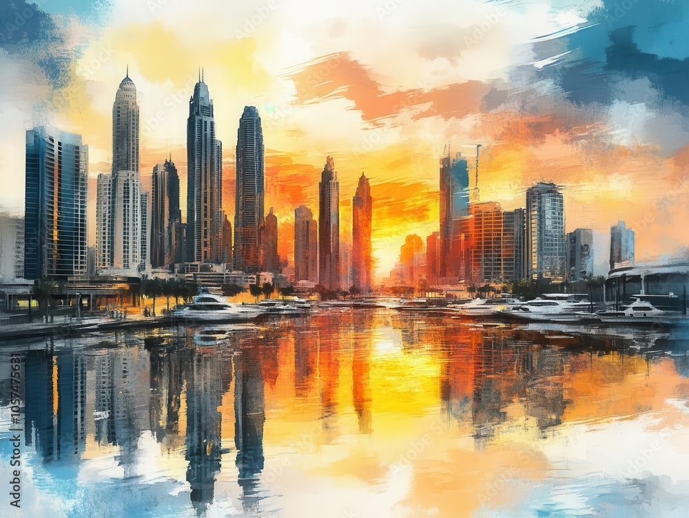 Fototapeta premium Skyline with skyscrapers reflecting a golden sunrise, peaceful morning city, watercolor style
