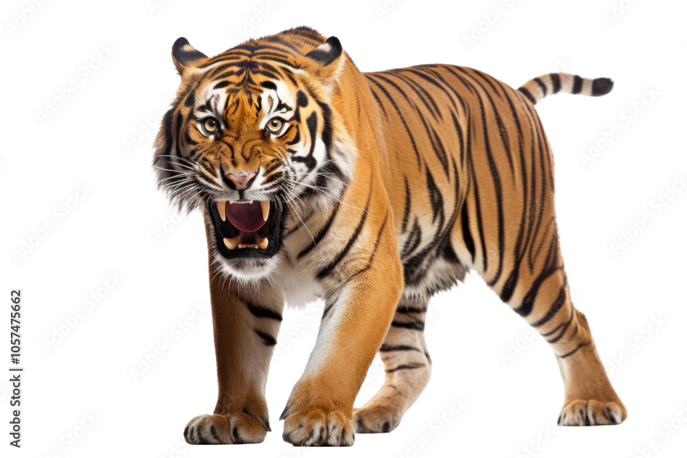 Obraz premium Muscular Malayan tiger with a low growl, showing dominance and strength isolated on white background