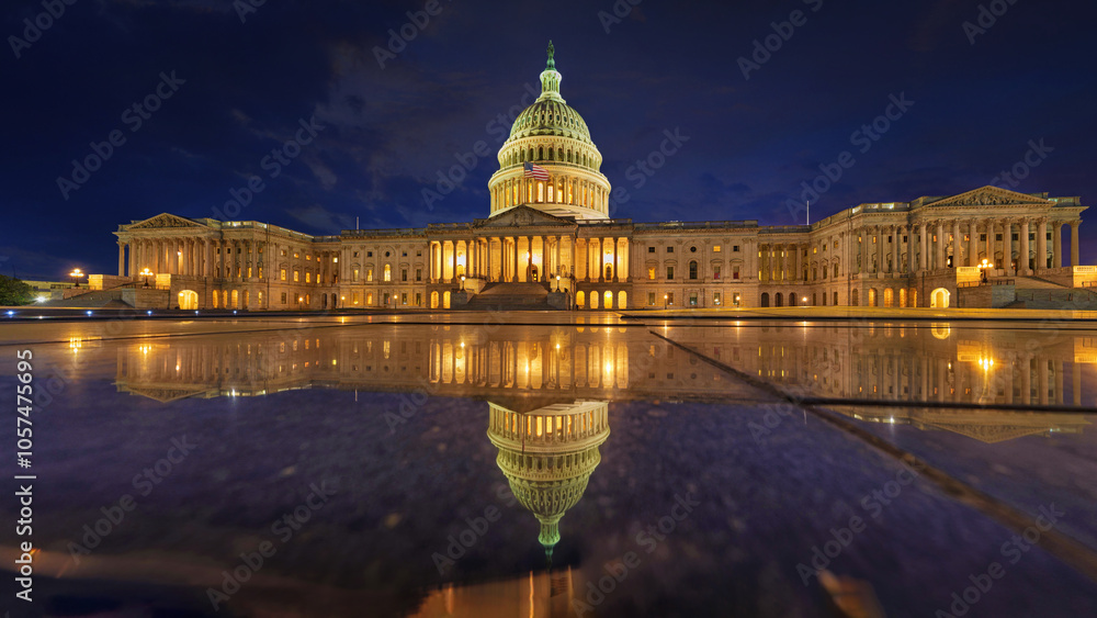 Fototapeta premium US Capitol building at sunset, Washington DC, USA. Big Panorama.