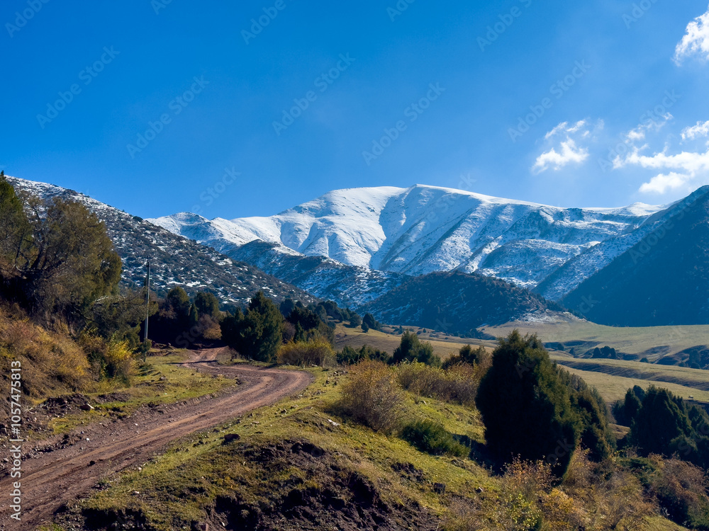 Naklejka premium A dirt road winding through the mountain slopes in Kyrgyzstan, with snow-capped peaks in the background and a clear blue sky.