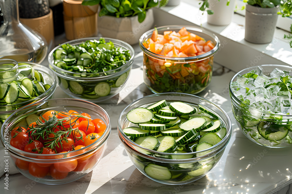 Fresh cucumber dishes displayed beautifully on table, showcasing vibrant colors and textures Fresh cucumber dishes displayed beautifully on table, showcasing vibrant colors and textures