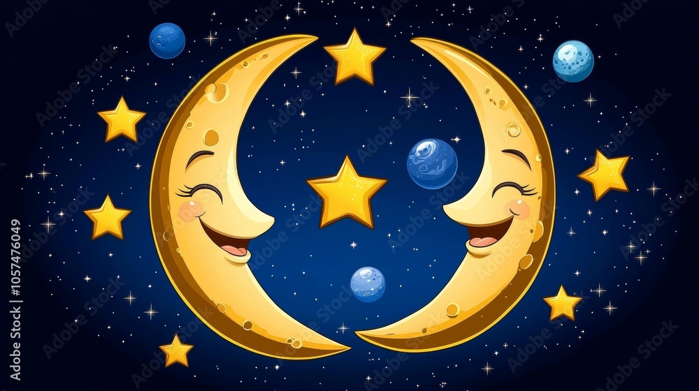 Fototapeta premium Cute Cartoon Moons Smiling at Each Other in Night Sky with Stars