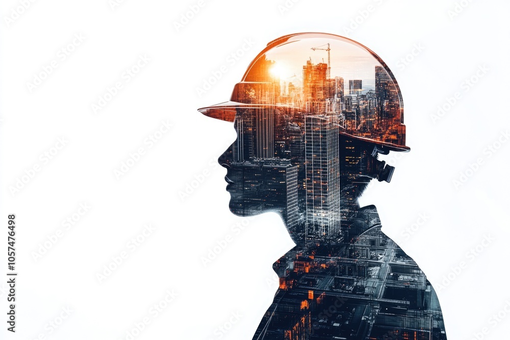 double exposure of engineer with safety helmet double exposure of engineer with safety helmet