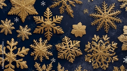 Elegant winter backdrop with navy and gold snowflakes.