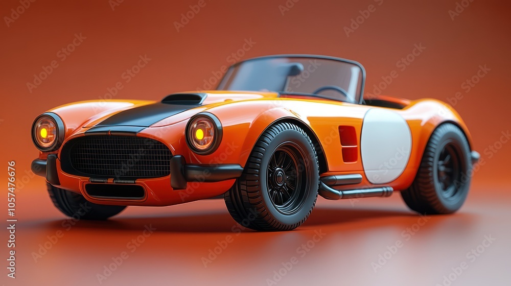 A 3D model of a ride-on toy car with a blank label on the front hood. A 3D model of a ride-on toy car with a blank label on the front hood.