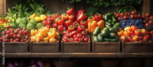 A vibrant display of fresh vegetables in wooden crates at a market.