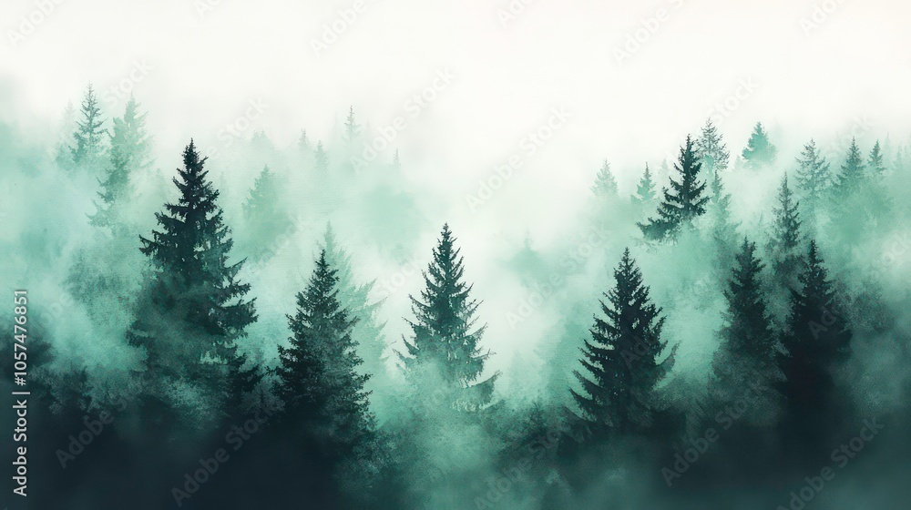 Fototapeta premium A misty forest landscape with towering trees shrouded in fog.