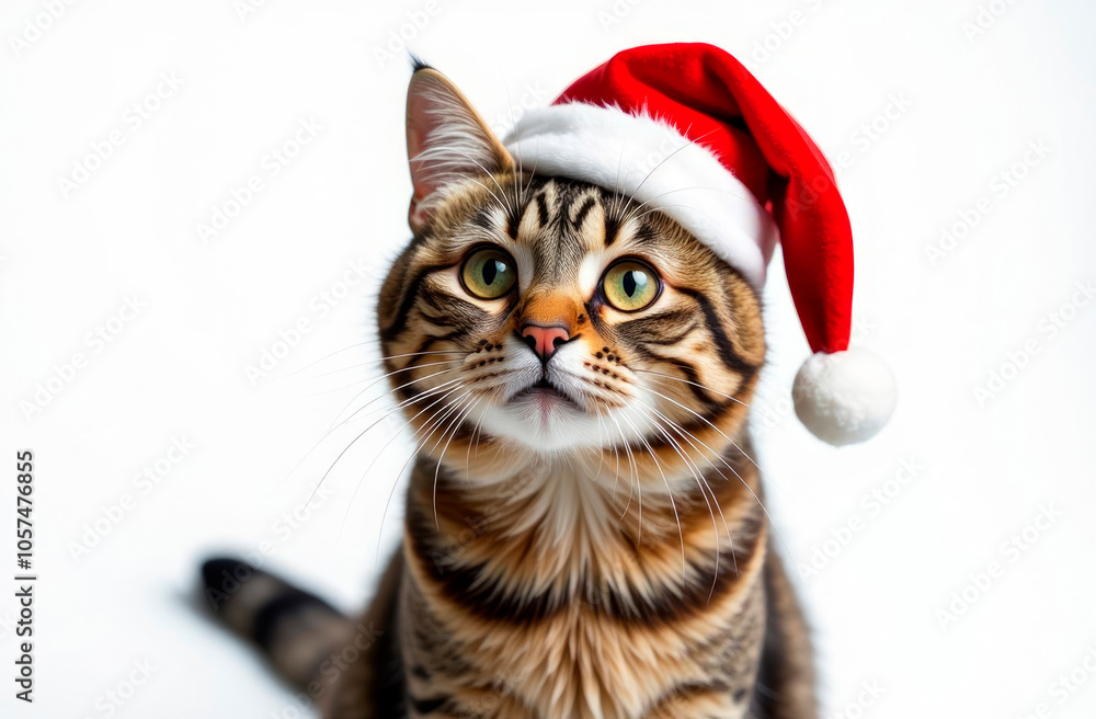 Cat in Christmas hat on a isolated white background. Cat in Santa Claus Xmas red cap. Cat with Santa cap waiting for Christmas while. Beautiful Winter Holiday postcard Cat in Christmas hat on a isolated white background. Cat in Santa Claus Xmas red cap. Cat with Santa cap waiting for Christmas while. Beautiful Winter Holiday postcard