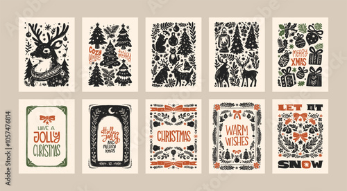 Merry Christmas and Happy New Year vertical flyer or poster template. Modern trendy Matisse minimal style. Hand drawn design for wallpaper, wall decor, print, postcard, cover, template, banner.