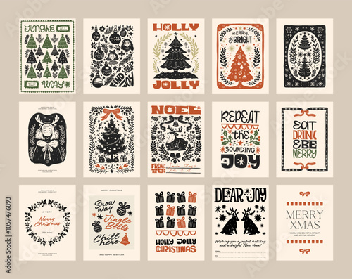 Merry Christmas and Happy New Year vertical flyer or poster template. Modern trendy Matisse minimal style. Hand drawn design for wallpaper, wall decor, print, postcard, cover, template, banner.