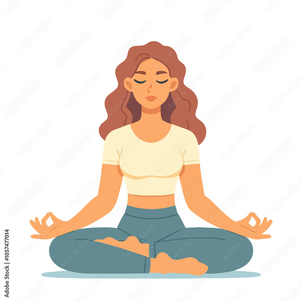 Young woman practicing yoga and meditation in flat style illustration Young woman practicing yoga and meditation in flat style illustration