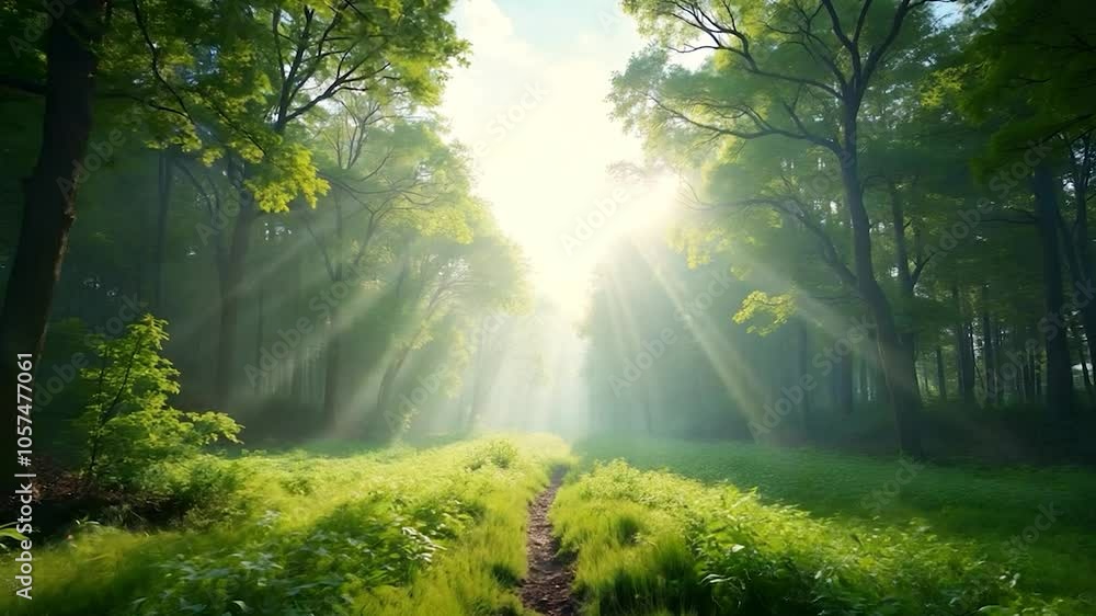 Sunbeams Through Trees in a Misty Forest Path Sunbeams Through Trees in a Misty Forest Path
