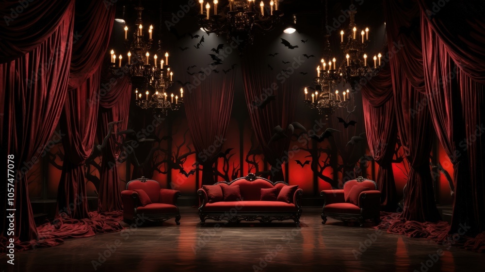 An Enchanting Gothic Setting with Velvet Curtains, Ornate Chandeliers, and Bats Silhouetted Against a Crimson Backdrop An Enchanting Gothic Setting with Velvet Curtains, Ornate Chandeliers, and Bats Silhouetted Against a Crimson Backdrop