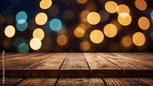 Empty wooden floor with blurred night light bokeh in the background, perfect for product display.