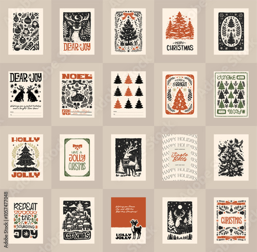 Merry Christmas and Happy New Year vertical flyer or poster template. Modern trendy Matisse minimal style. Hand drawn design for wallpaper, wall decor, print, postcard, cover, template, banner.