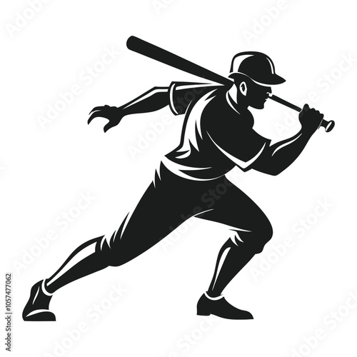 Silhouette of a Baseball Player Mid Swinging Bat.  A bold silhouette of a baseball player in action, captured mid-swing with a bat. Perfect for sports, athletics, and competitive spirit themes.
