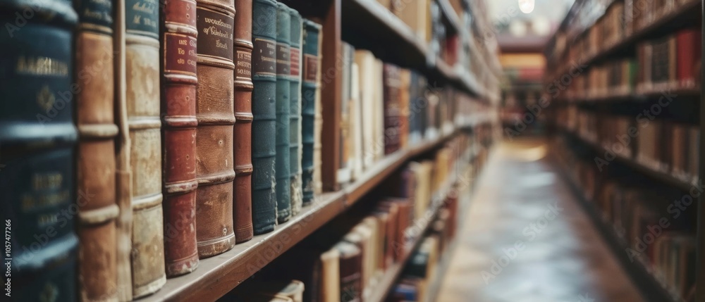Serene library corridor lined with countless aged books, inviting exploration and discovery through its vast knowledge. Serene library corridor lined with countless aged books, inviting exploration and discovery through its vast knowledge.