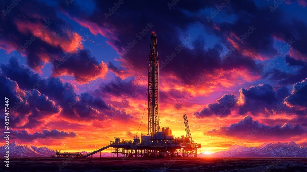 Oil Rig Silhouette at Sunset with Dramatic Sky and Mountains Oil Rig Silhouette at Sunset with Dramatic Sky and Mountains