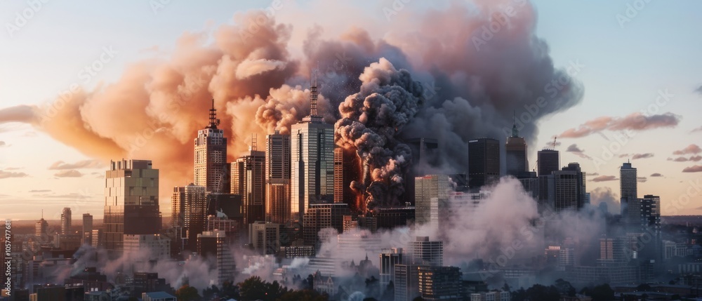 Obraz premium A city skyline engulfed in thick, billowing smoke under a dramatic sky, depicting chaos and devastation in an urban setting.
