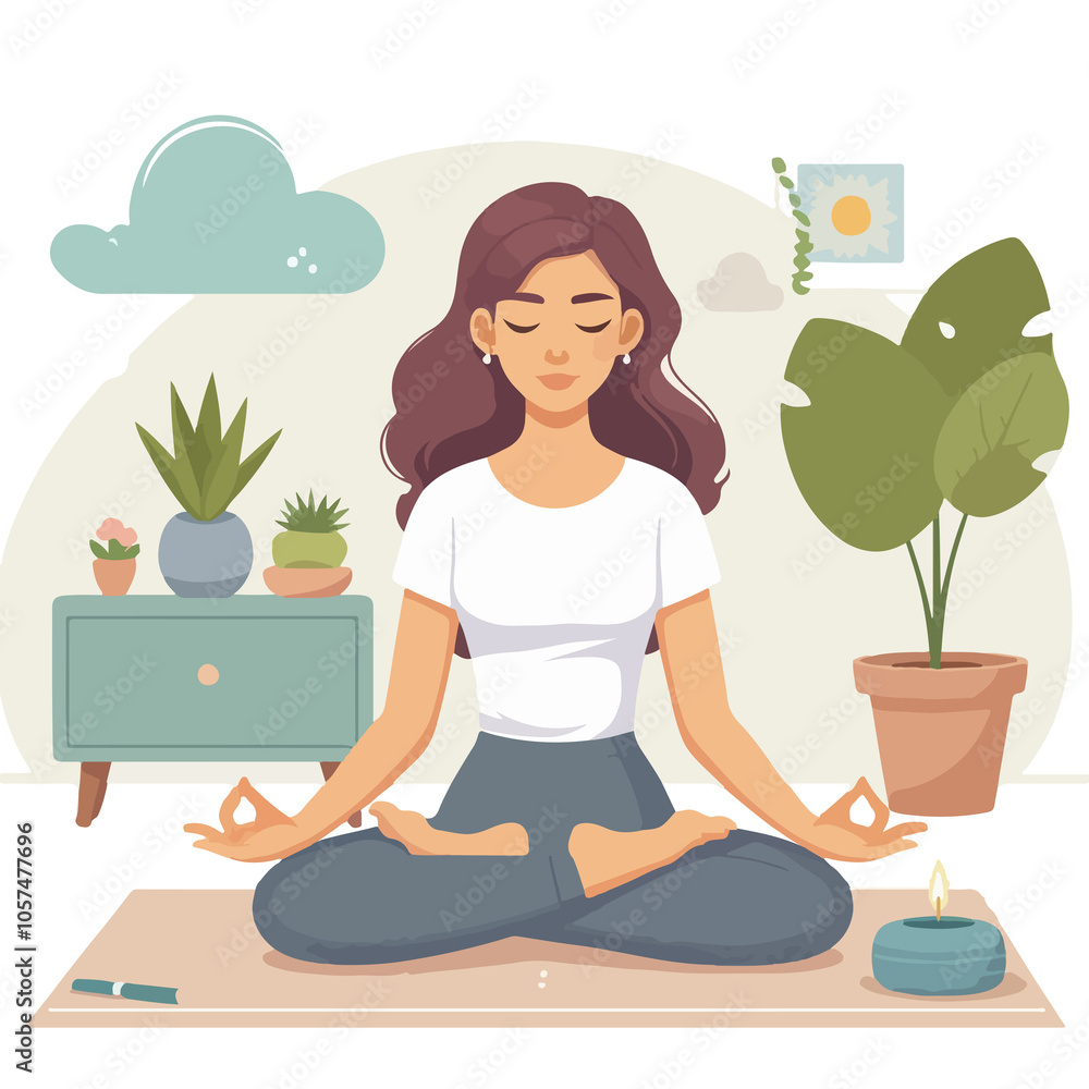 female meditating in yoga position in flat illustration