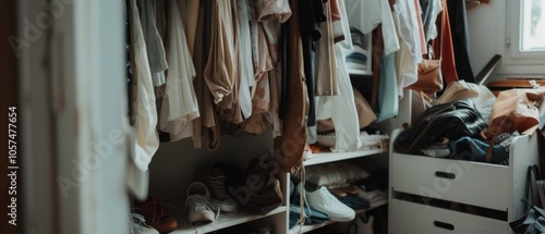 A cluttered wardrobe overflows with clothes, shoes, and accessories, capturing a snapshot of personal style, abundance, and a bit of organized chaos. photo