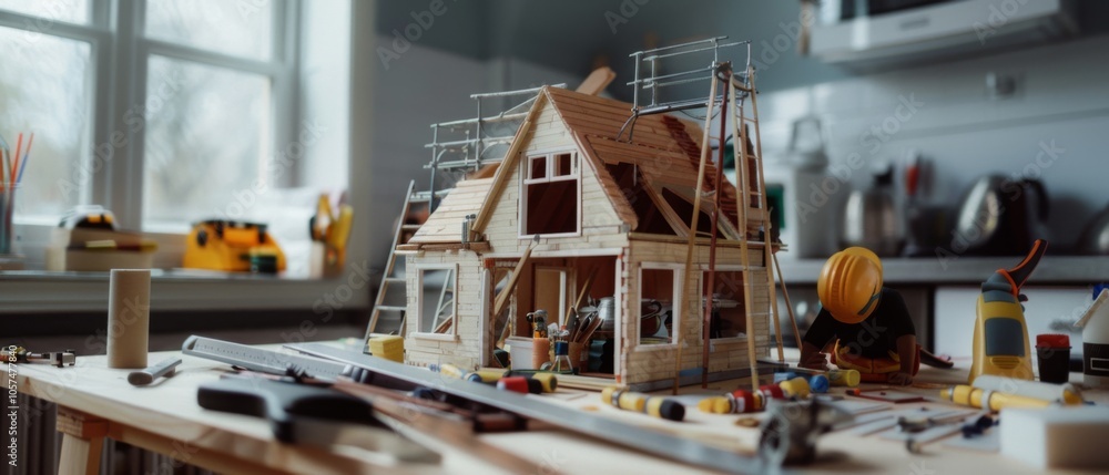 A detailed model house with tiny scaffolding sits on a cluttered workbench, surrounded by miniature construction tools, bathed in warm sunlight. A detailed model house with tiny scaffolding sits on a cluttered workbench, surrounded by miniature construction tools, bathed in warm sunlight.