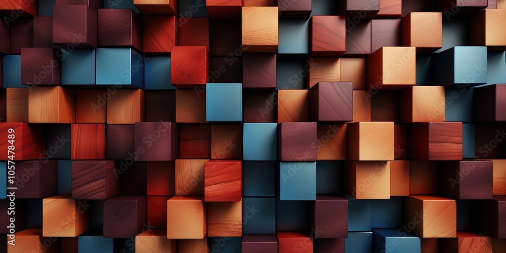 Abstract Geometric Pattern of Wooden Cubes in Various Shades of Brown, Orange, Red, and Blue Abstract Geometric Pattern of Wooden Cubes in Various Shades of Brown, Orange, Red, and Blue