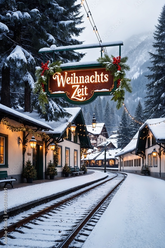 Fototapeta premium Charming winter village decorated for Christmas with snowy landscape and festive atmosphere during the holiday season in a mountain region