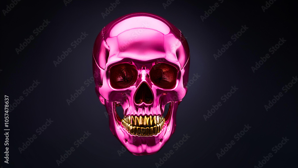 Bright pink skull with shiny gold teeth on a dark background. Bright pink skull with shiny gold teeth on a dark background.