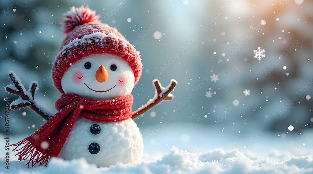 Joyful snowman in red hat and scarf, snow falling; winter wonderland scene. Joyful snowman in red hat and scarf, snow falling; winter wonderland scene.