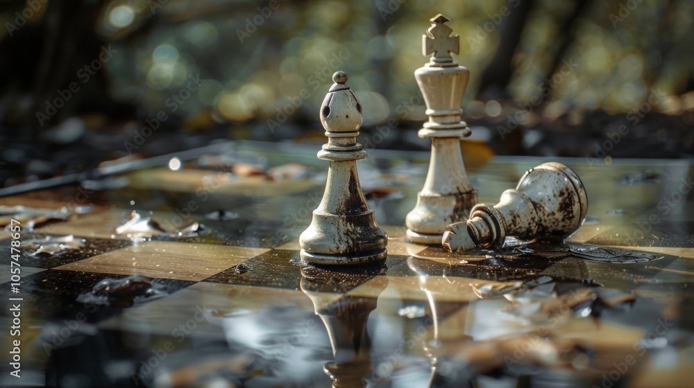 Chess pieces in outdoor setting after rain Chess pieces in outdoor setting after rain