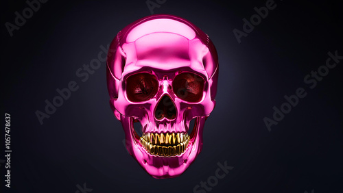 Bright pink skull with shiny gold teeth on a dark background.