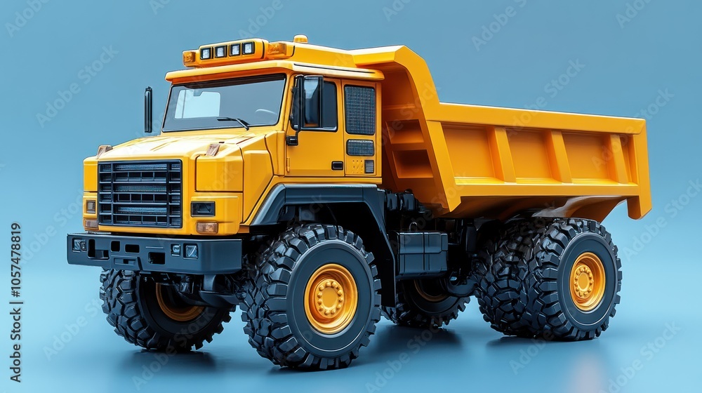 A 3D model of a toy dump truck with a blank label on the side. A 3D model of a toy dump truck with a blank label on the side.