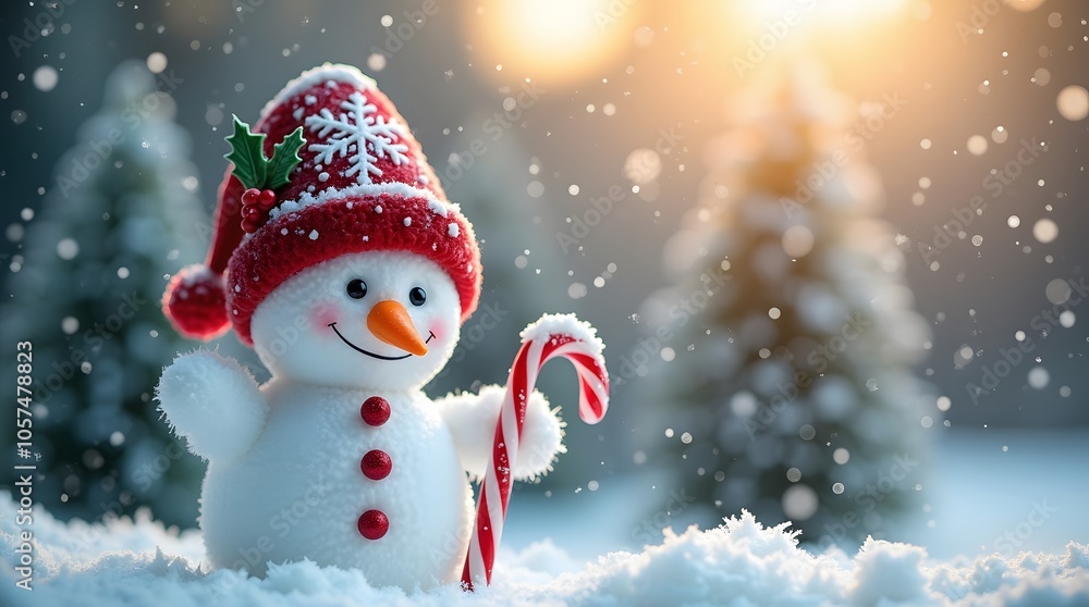 A cheerful snowman, in a red hat, smiles amidst a snowy winter wonderland, holding a candy cane. Merry Christmas! A cheerful snowman, in a red hat, smiles amidst a snowy winter wonderland, holding a candy cane. Merry Christmas!