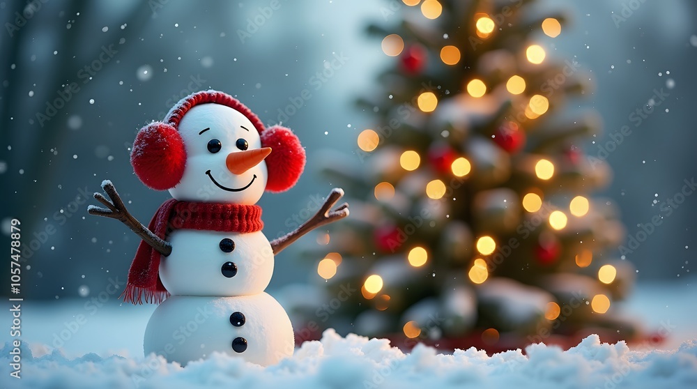Joyful snowman, red scarf and earmuffs, smiles near a twinkling Christmas tree in a snowy winter wonderland. Joyful snowman, red scarf and earmuffs, smiles near a twinkling Christmas tree in a snowy winter wonderland.