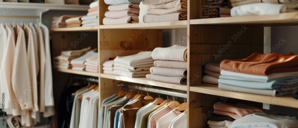 Shelves lined with neatly folded clothes in muted tones radiate a sense of sophistication and tidiness in a boutique setting. Shelves lined with neatly folded clothes in muted tones radiate a sense of sophistication and tidiness in a boutique setting.